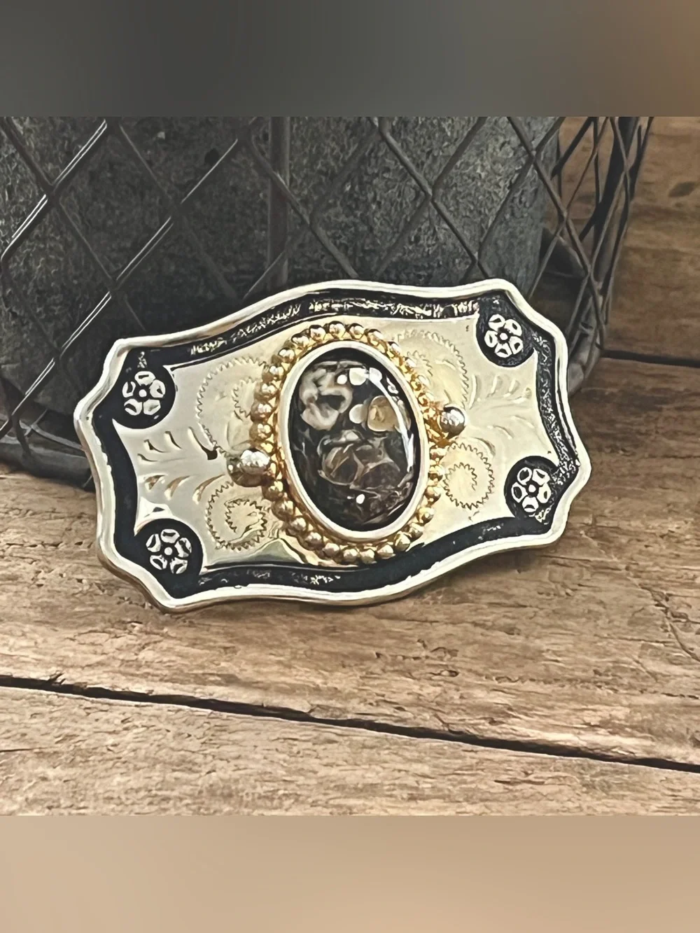 Vintage Western Turritella Agate Belt Buckle Silver Gold Tone Engraved Floral
